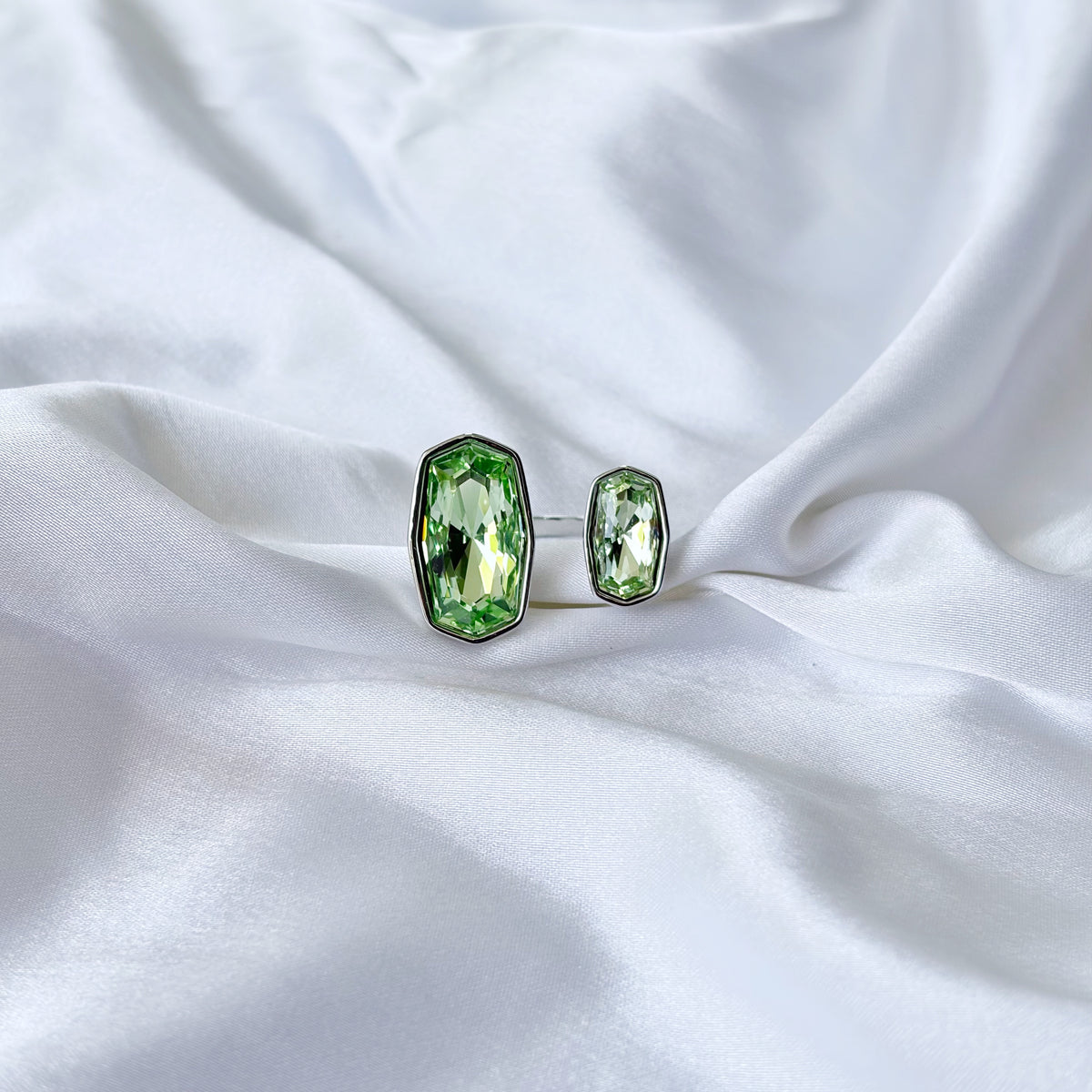 Green Peridot Swarovski Crystal Silver Plated Adjustable Ring