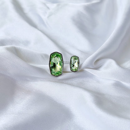 Green Peridot Swarovski Crystal Silver Plated Adjustable Ring