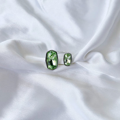 Green Peridot Swarovski Crystal Silver Plated Adjustable Ring