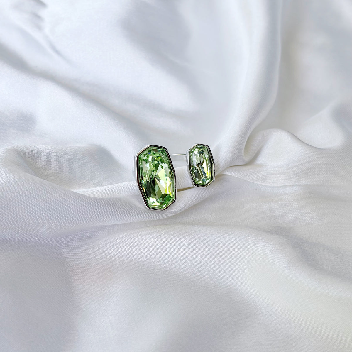 Green Peridot Swarovski Crystal Silver Plated Adjustable Ring