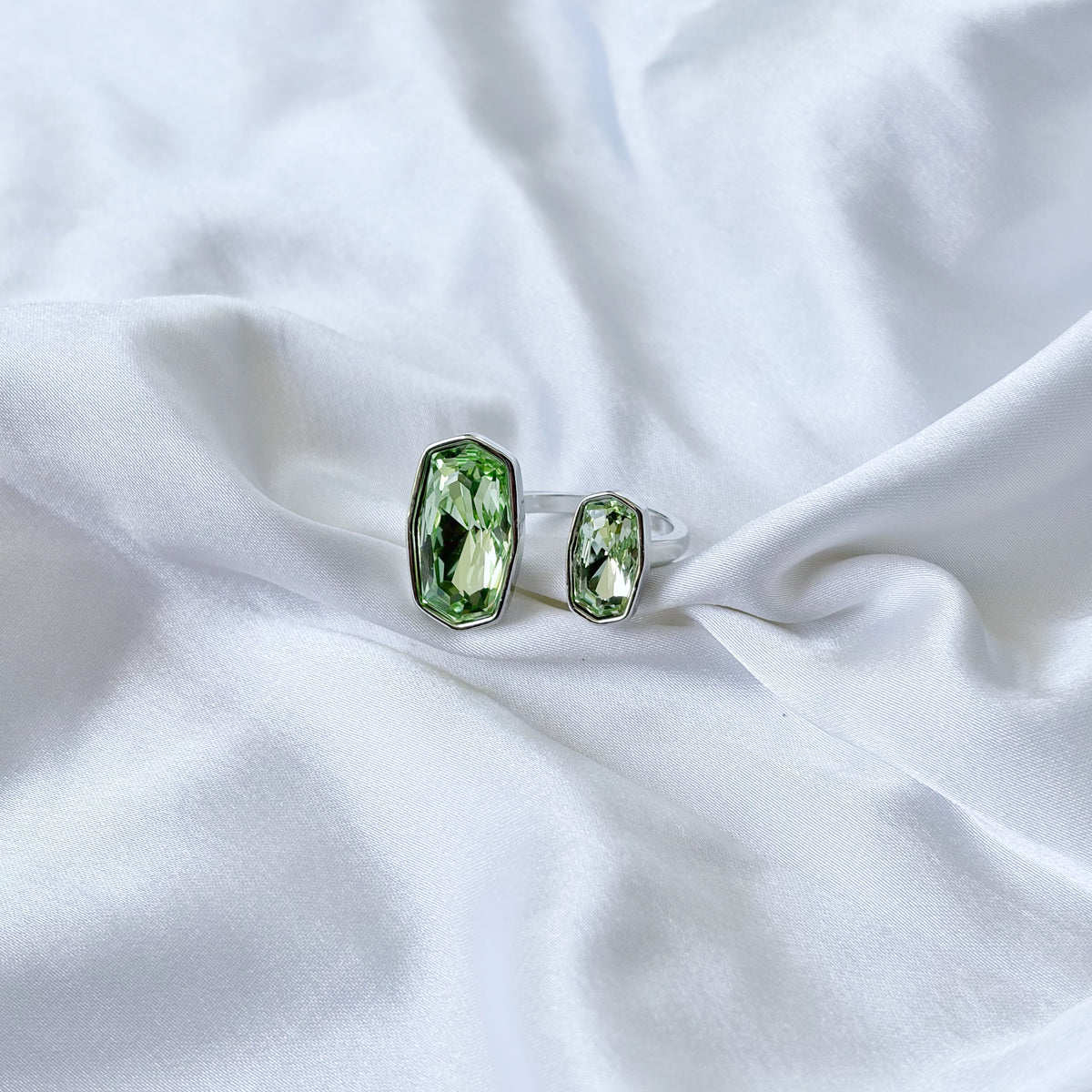 Green Peridot Swarovski Crystal Silver Plated Adjustable Ring
