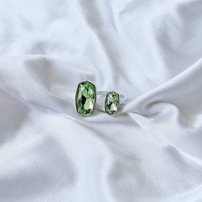 Green Peridot Swarovski Crystal Silver Plated Adjustable Ring
