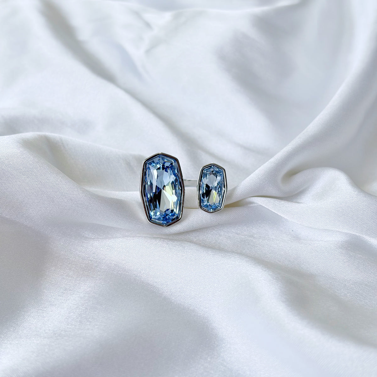 Aqua Blue Indicolite Swarovski Crystal Silver Plated Adjustable Ring
