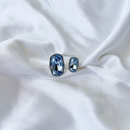 Aqua Blue Indicolite Swarovski Crystal Silver Plated Adjustable Ring