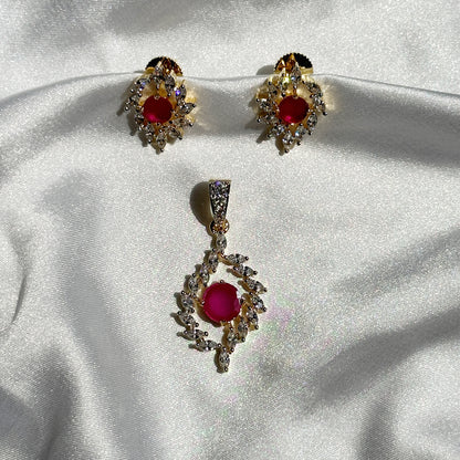 Red Ruby Cubic Zircon American Diamond Gold Plated Pendant Set