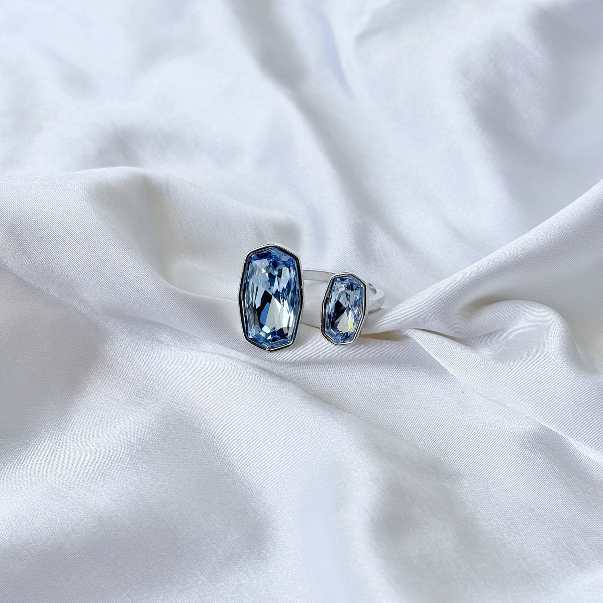 Aqua Blue Indicolite Swarovski Crystal Silver Plated Adjustable Ring