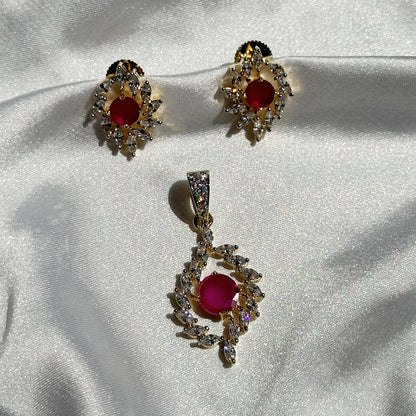 Red Ruby Cubic Zircon American Diamond Gold Plated Pendant Set