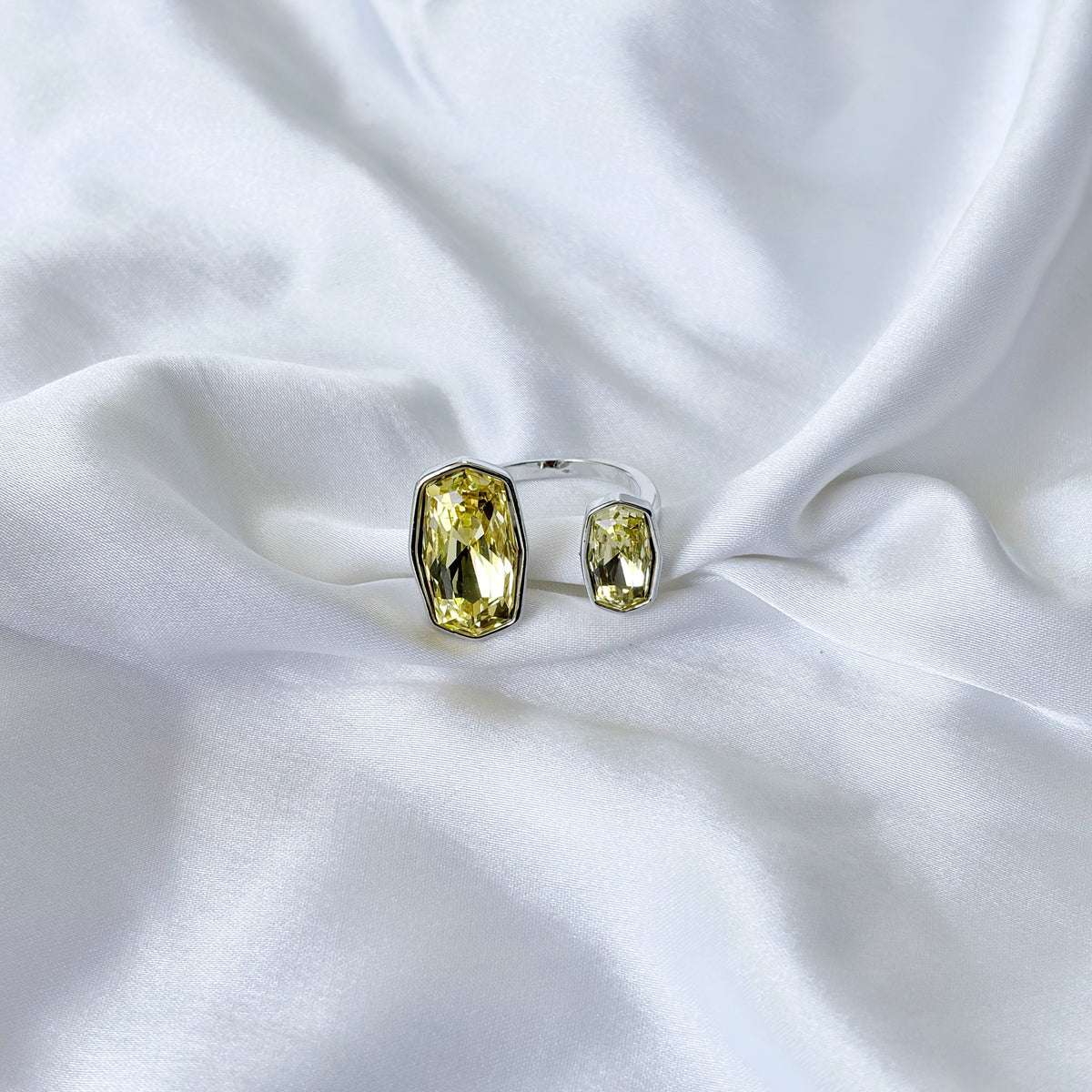 Light Yellow Topaz Swarovski Crystal Silver Plated Adjustable Ring