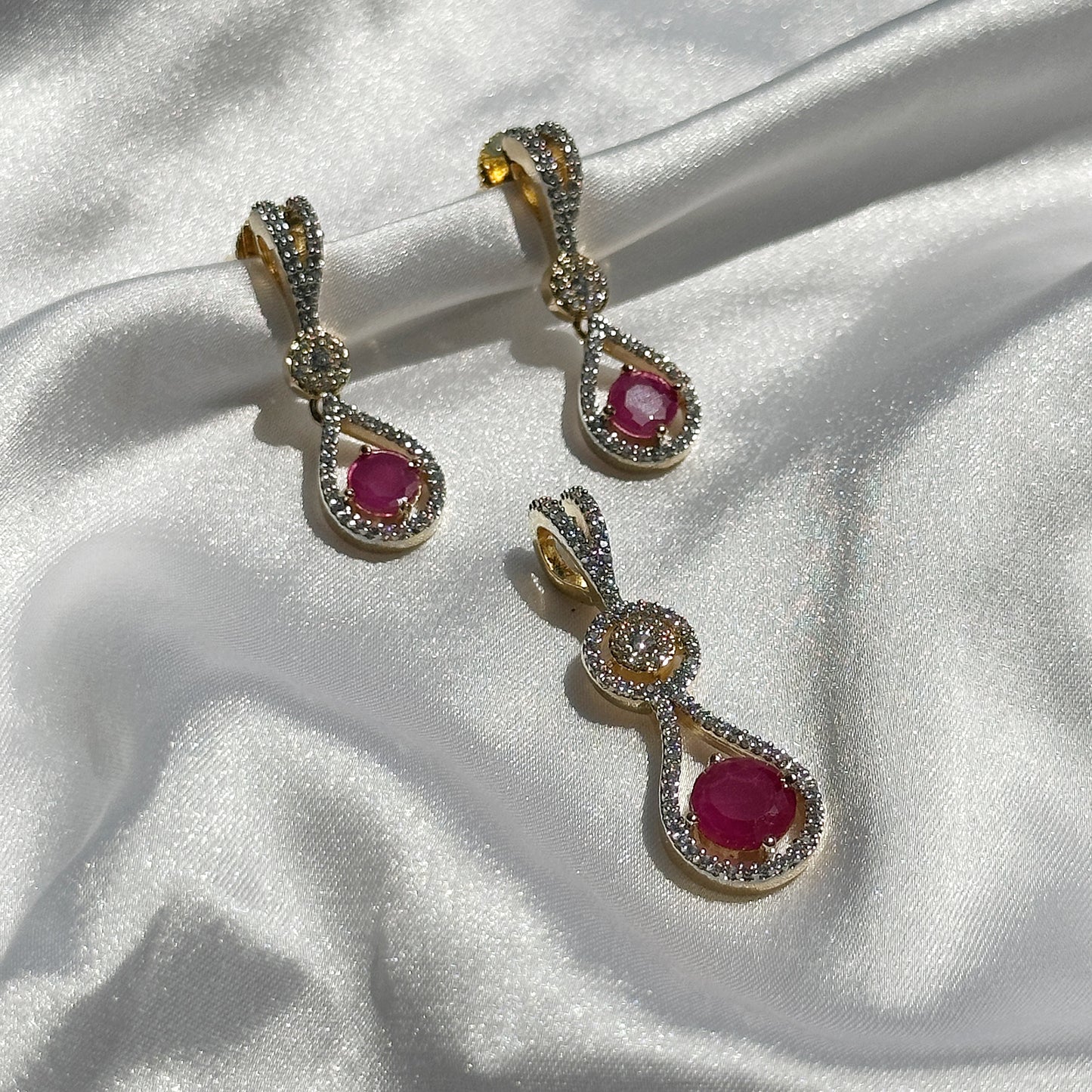 Red Ruby Cubic Zircon American Diamond Gold Plated Pendant Set