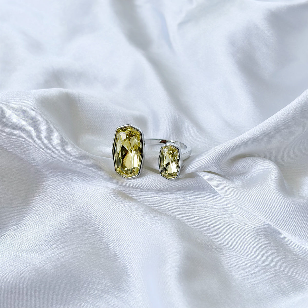 Light Yellow Topaz Swarovski Crystal Silver Plated Adjustable Ring