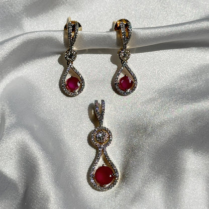 Red Ruby Cubic Zircon American Diamond Gold Plated Pendant Set