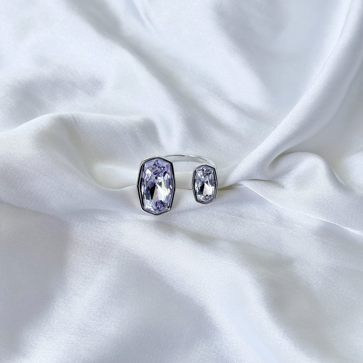 Light Purple Amethyst Swarovski Crystal Silver Plated Adjustable Ring
