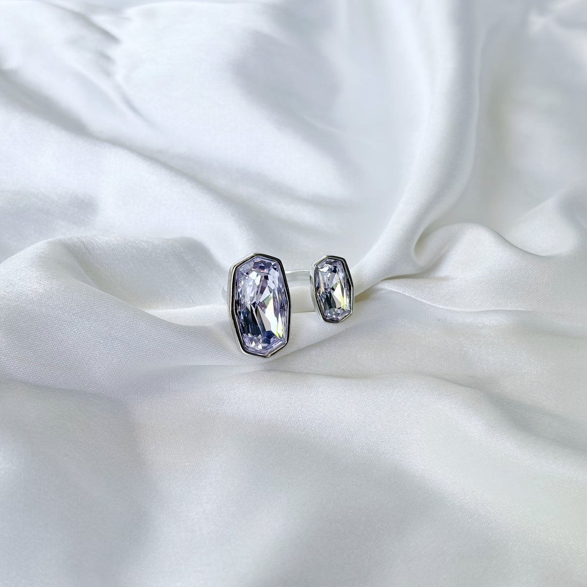 Light Purple Amethyst Swarovski Crystal Silver Plated Adjustable Ring