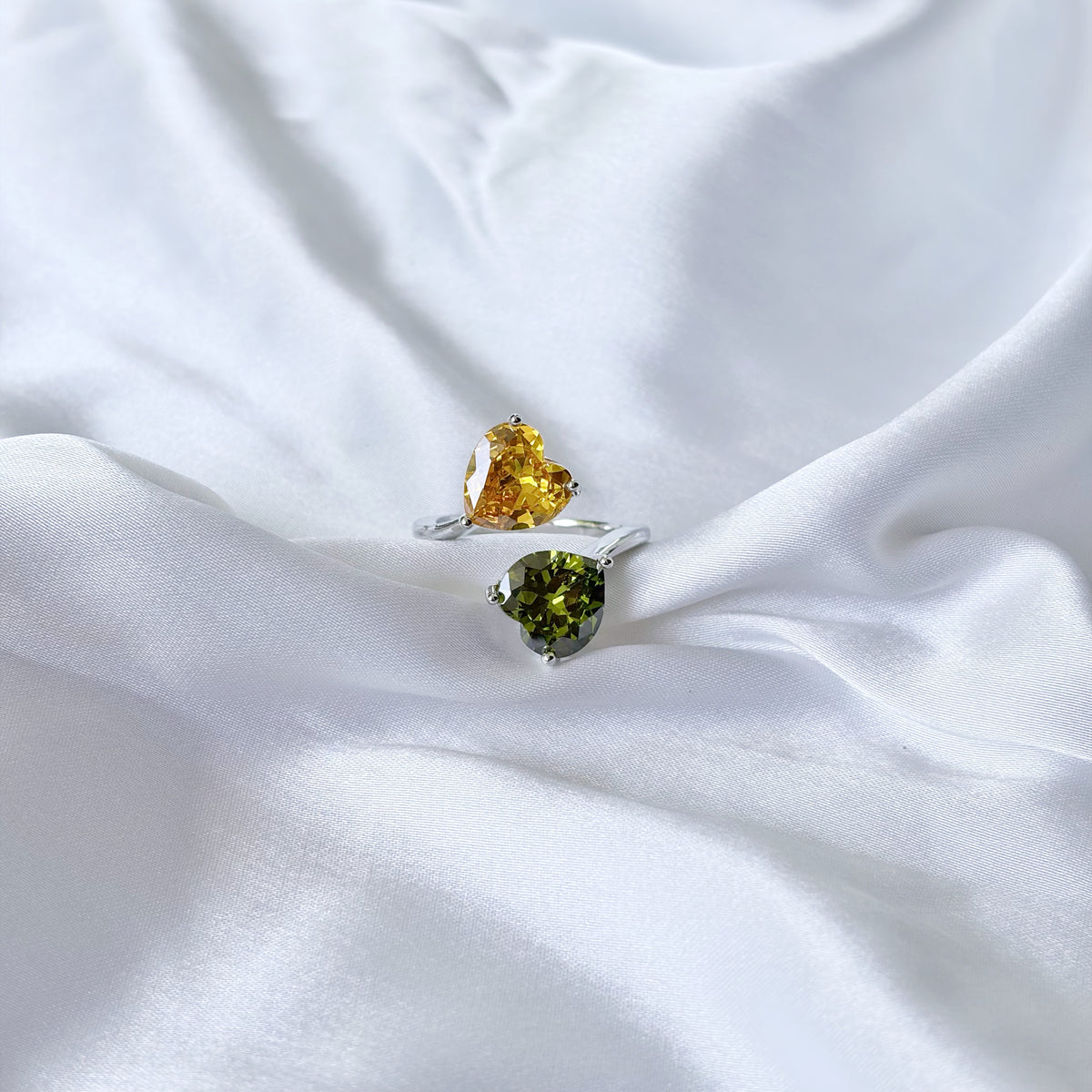 Yellow Topaz/Olive Green Cubic Zirconia Ice Cut American Diamond Silver Plated Adjustable Ring