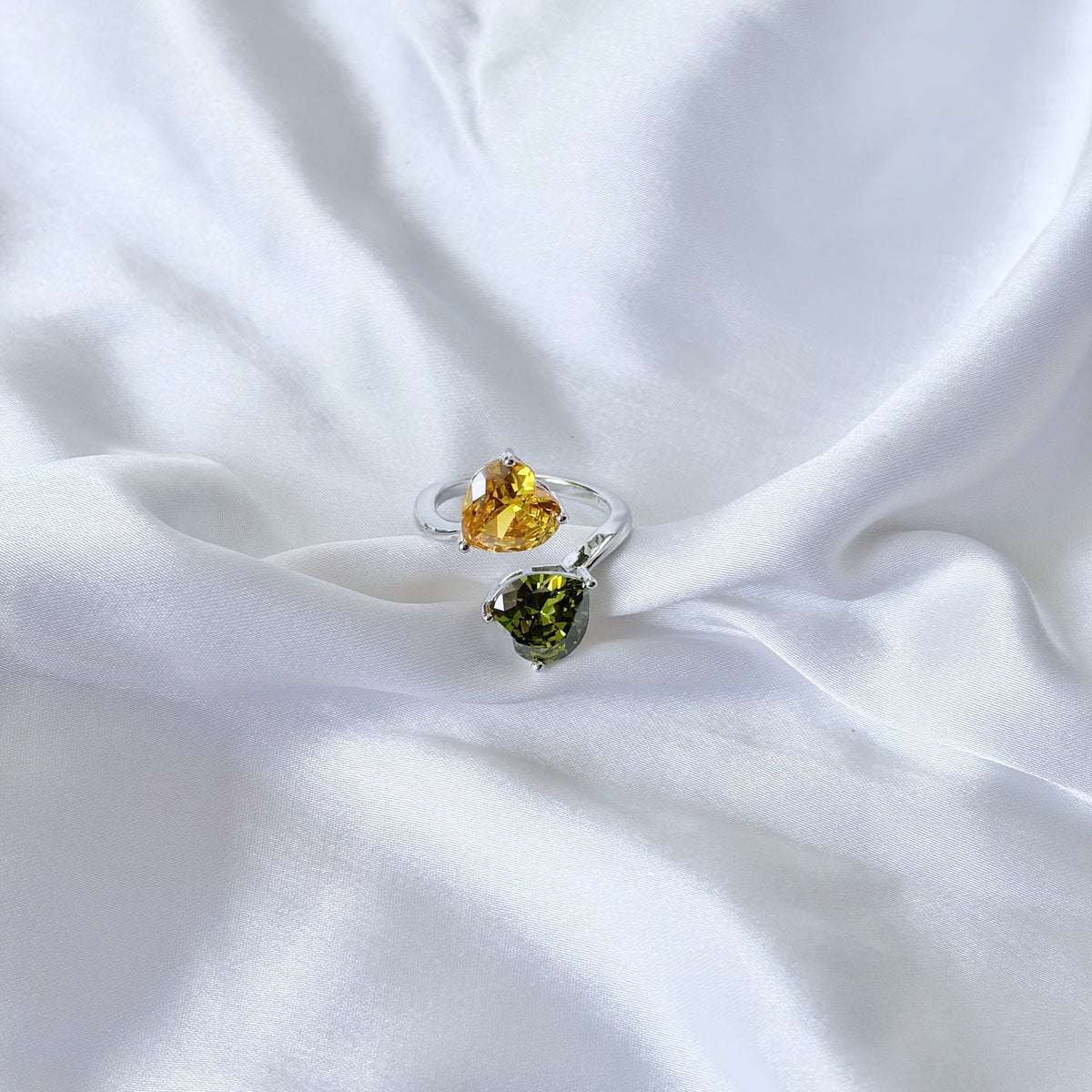 Yellow Topaz/Olive Green Cubic Zirconia Ice Cut American Diamond Silver Plated Adjustable Ring