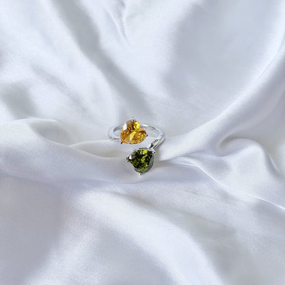 Yellow Topaz/Olive Green Cubic Zirconia Ice Cut American Diamond Silver Plated Adjustable Ring
