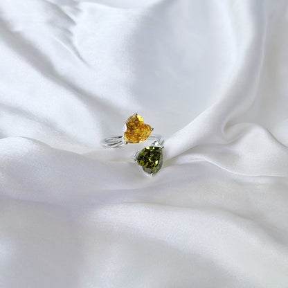 Yellow Topaz/Olive Green Cubic Zirconia Ice Cut American Diamond Silver Plated Adjustable Ring