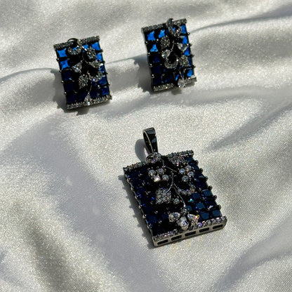 Blue Sapphire Cubic Zircon American Diamond Victorian Plating Pendant Set