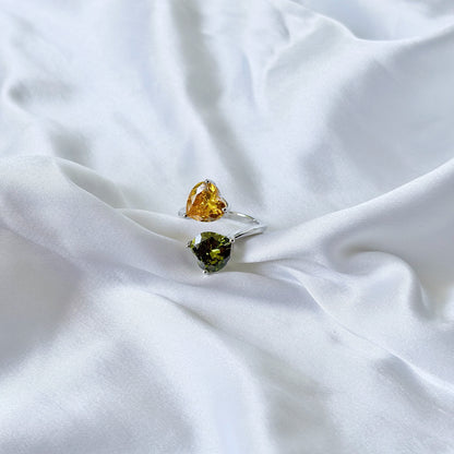 Yellow Topaz/Olive Green Cubic Zirconia Ice Cut American Diamond Silver Plated Adjustable Ring