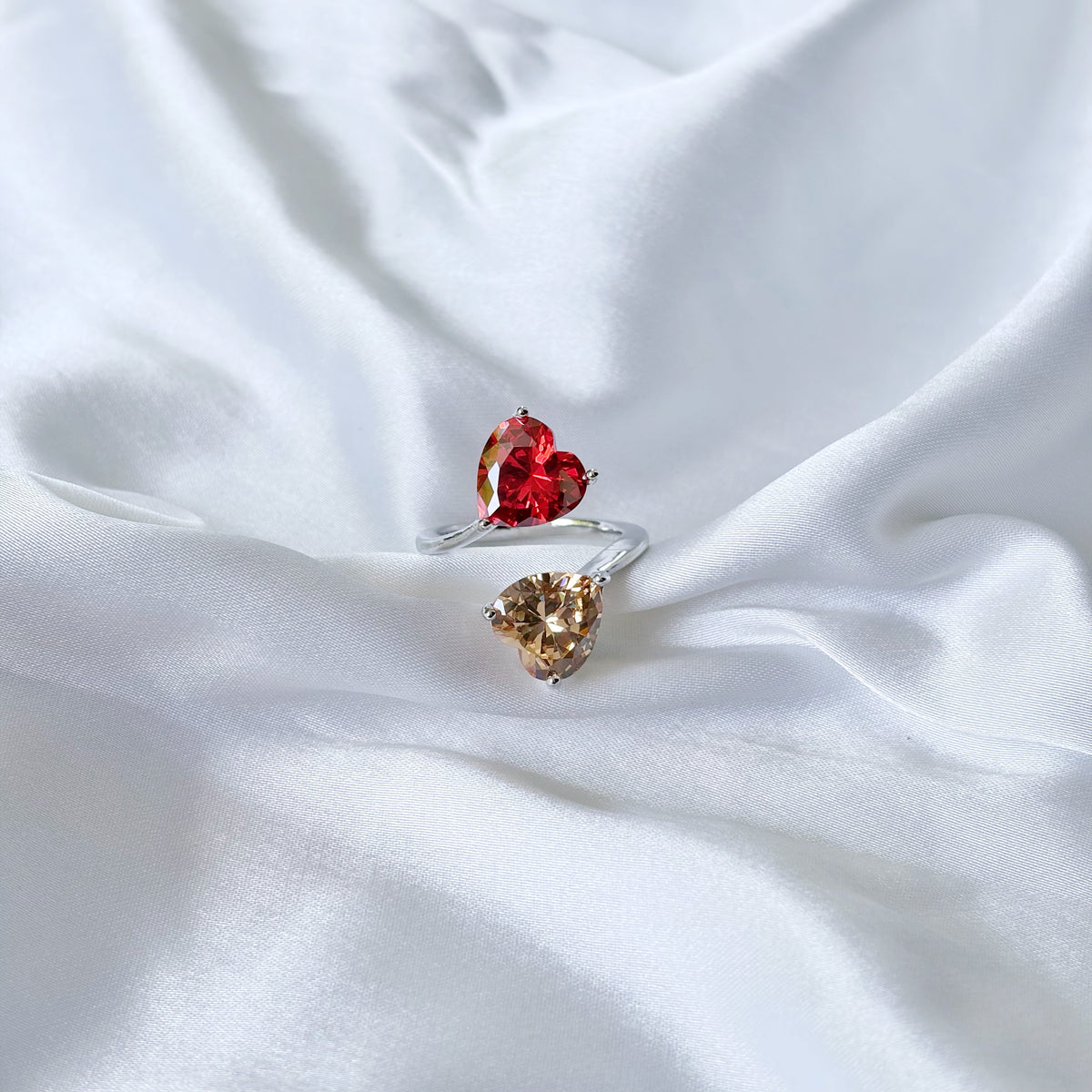 Red Ruby/Champagne Cubic Zirconia Ice Cut American Diamond Silver Plated Adjustable Ring