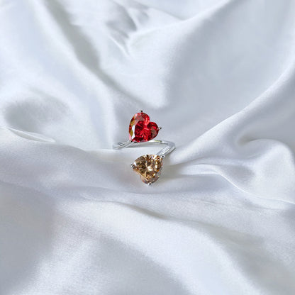 Red Ruby/Champagne Cubic Zirconia Ice Cut American Diamond Silver Plated Adjustable Ring