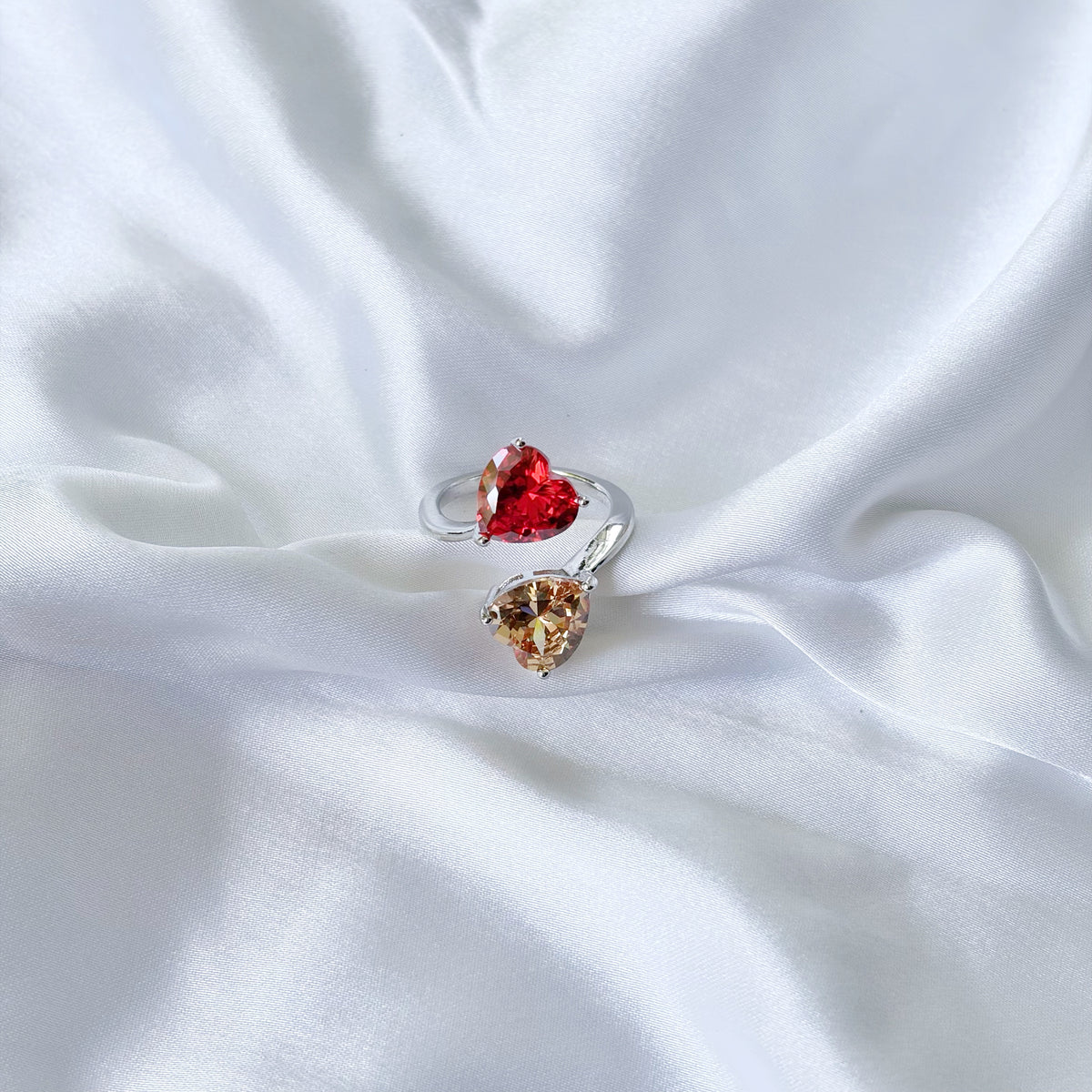Red Ruby/Champagne Cubic Zirconia Ice Cut American Diamond Silver Plated Adjustable Ring
