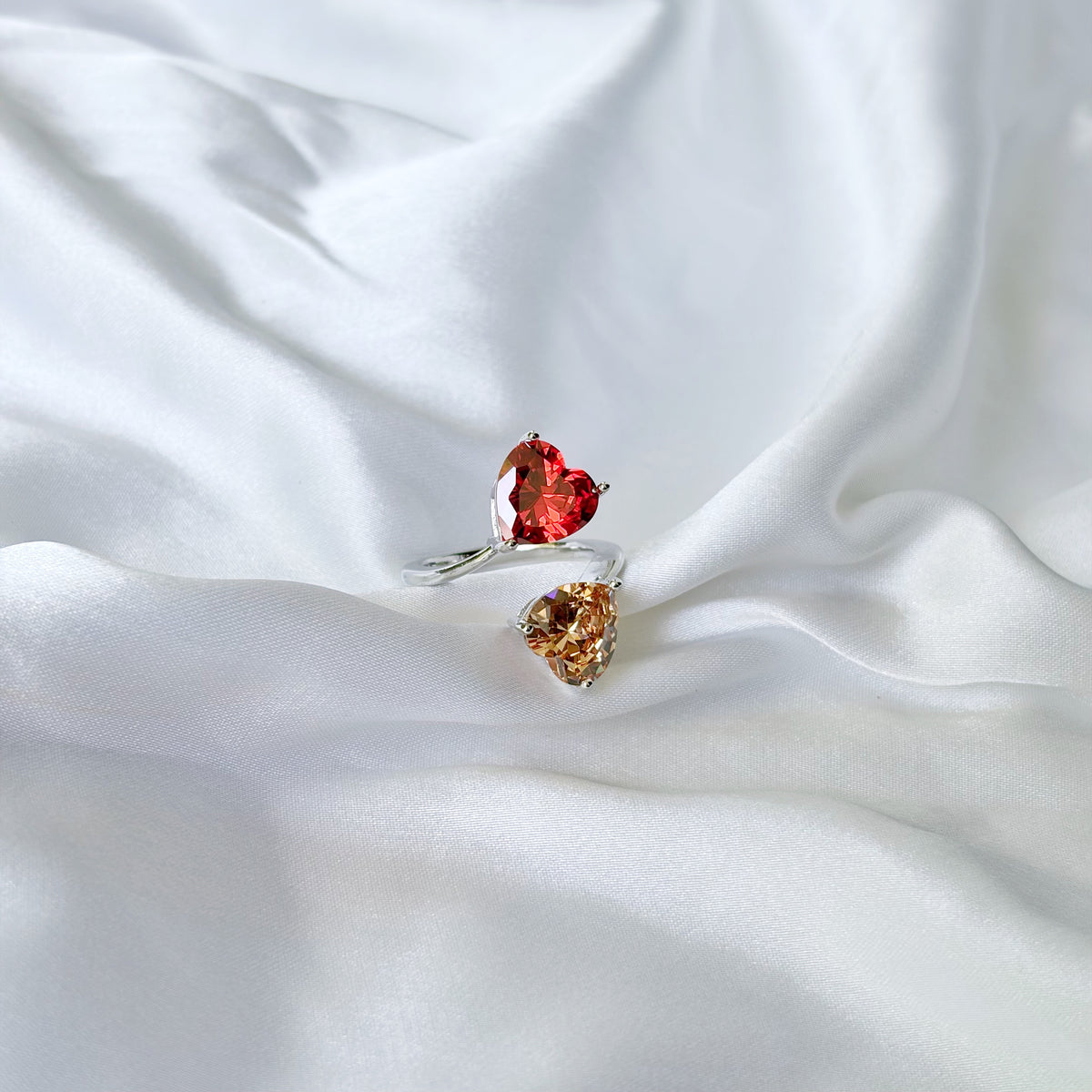 Red Ruby/Champagne Cubic Zirconia Ice Cut American Diamond Silver Plated Adjustable Ring