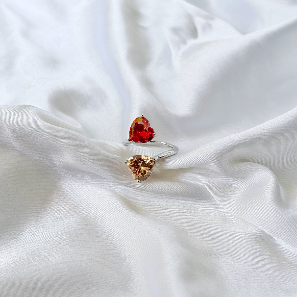 Red Ruby/Champagne Cubic Zirconia Ice Cut American Diamond Silver Plated Adjustable Ring