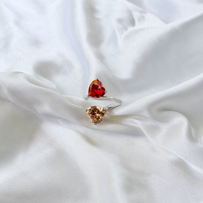 Red Ruby/Champagne Cubic Zirconia Ice Cut American Diamond Silver Plated Adjustable Ring