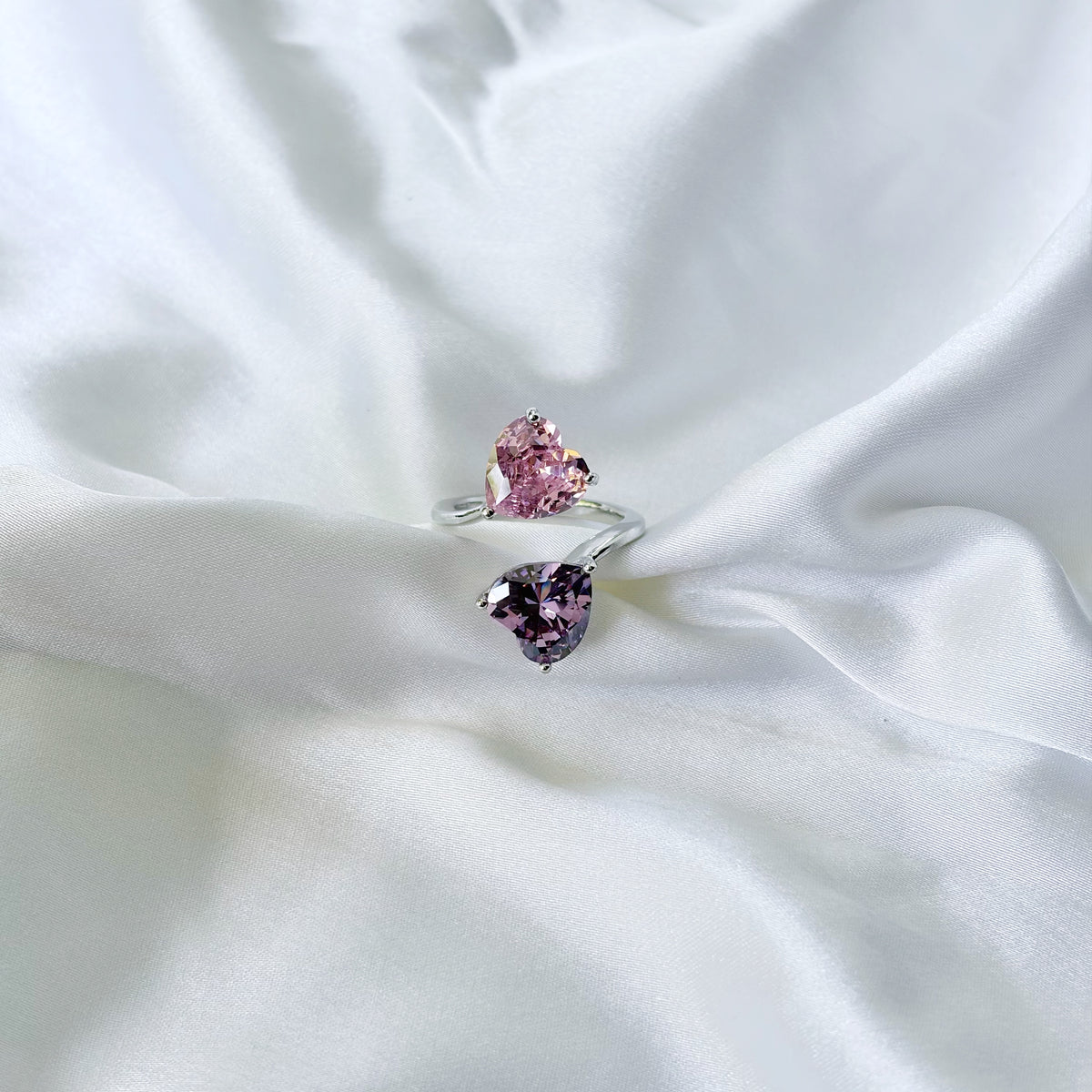 Pink Topaz/Purple Amethyst Cubic Zirconia Ice Cut American Diamond Silver Plated Adjustable Ring