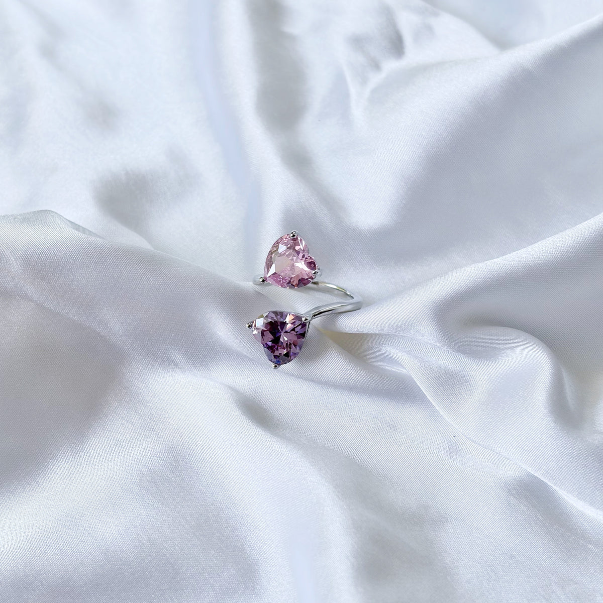 Pink Topaz/Purple Amethyst Cubic Zirconia Ice Cut American Diamond Silver Plated Adjustable Ring