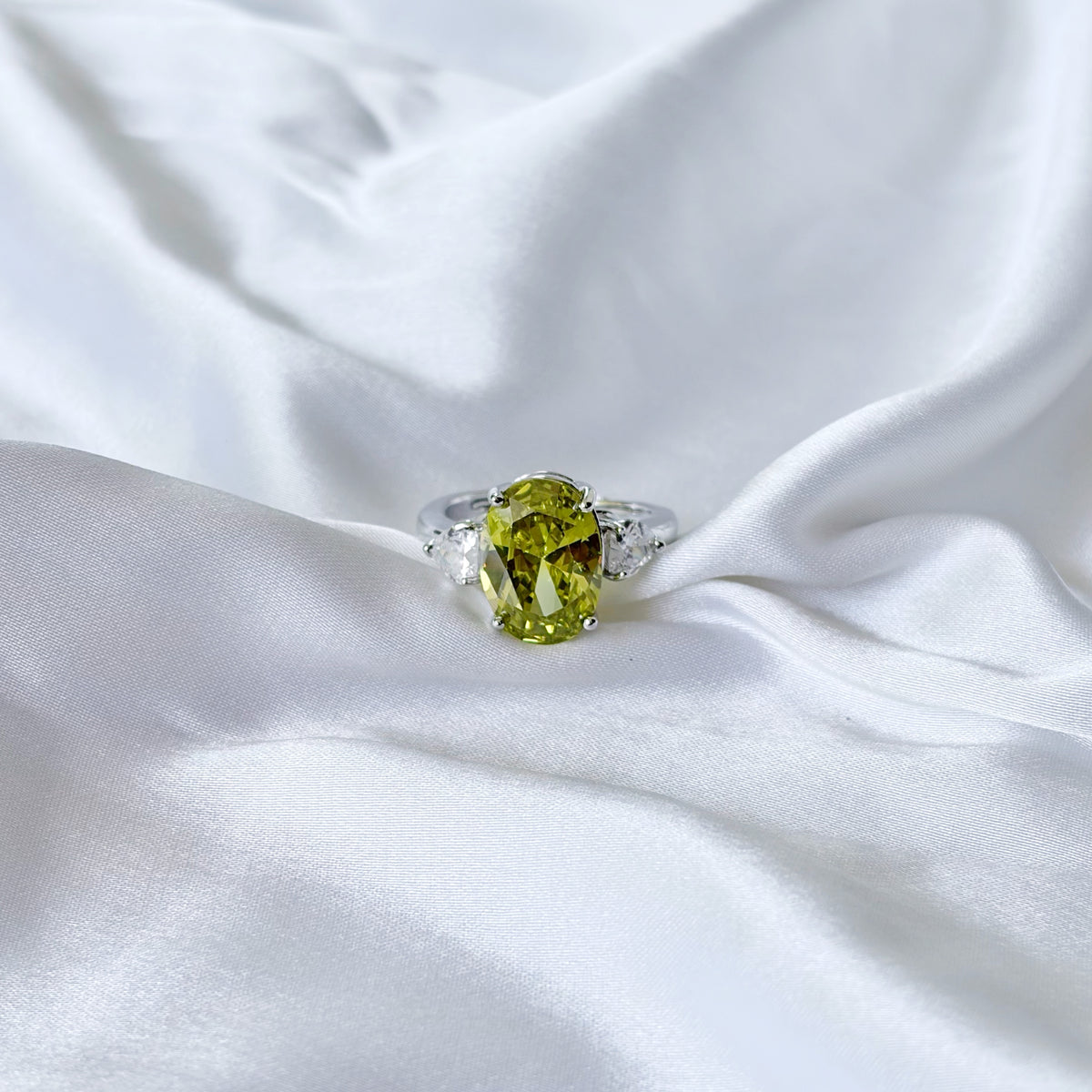 Olive Green Cubic Zirconia Ice Cut American Diamond Silver Plated Adjustable Ring