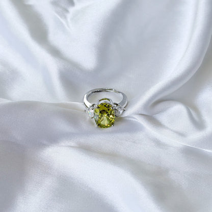 Olive Green Cubic Zirconia Ice Cut American Diamond Silver Plated Adjustable Ring