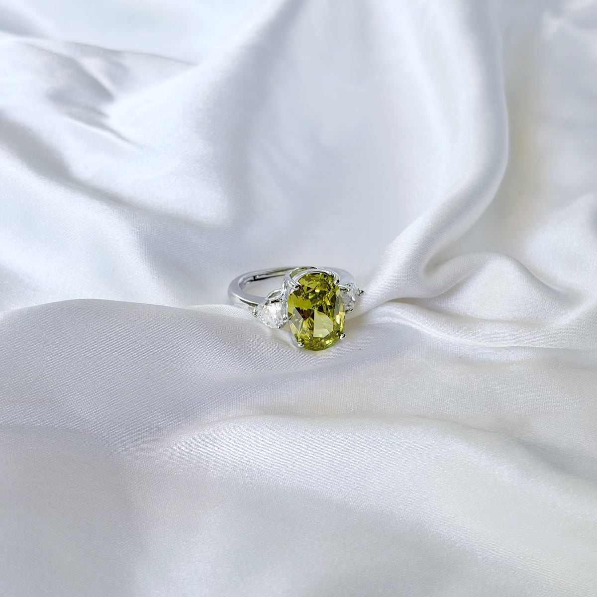 Olive Green Cubic Zirconia Ice Cut American Diamond Silver Plated Adjustable Ring