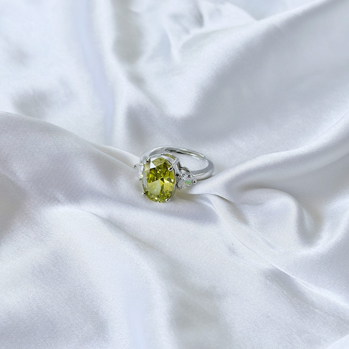 Olive Green Cubic Zirconia Ice Cut American Diamond Silver Plated Adjustable Ring
