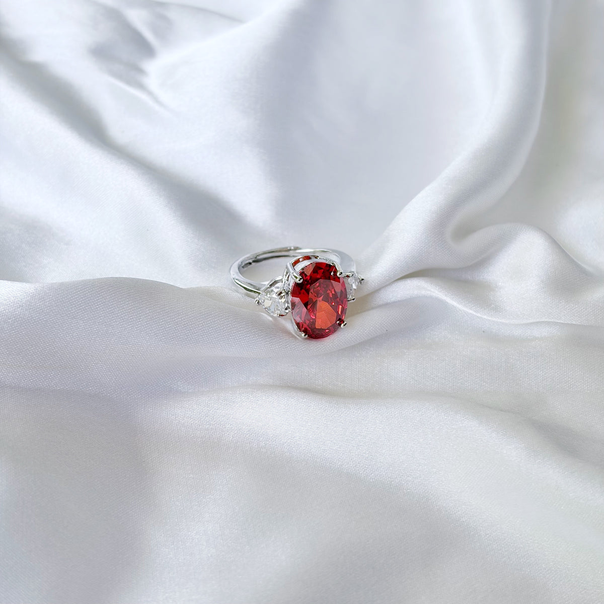 Red Ruby Cubic Zirconia Ice Cut American Diamond Silver Plated Adjustable Ring