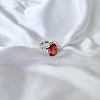 Red Ruby Cubic Zirconia Ice Cut American Diamond Silver Plated Adjustable Ring