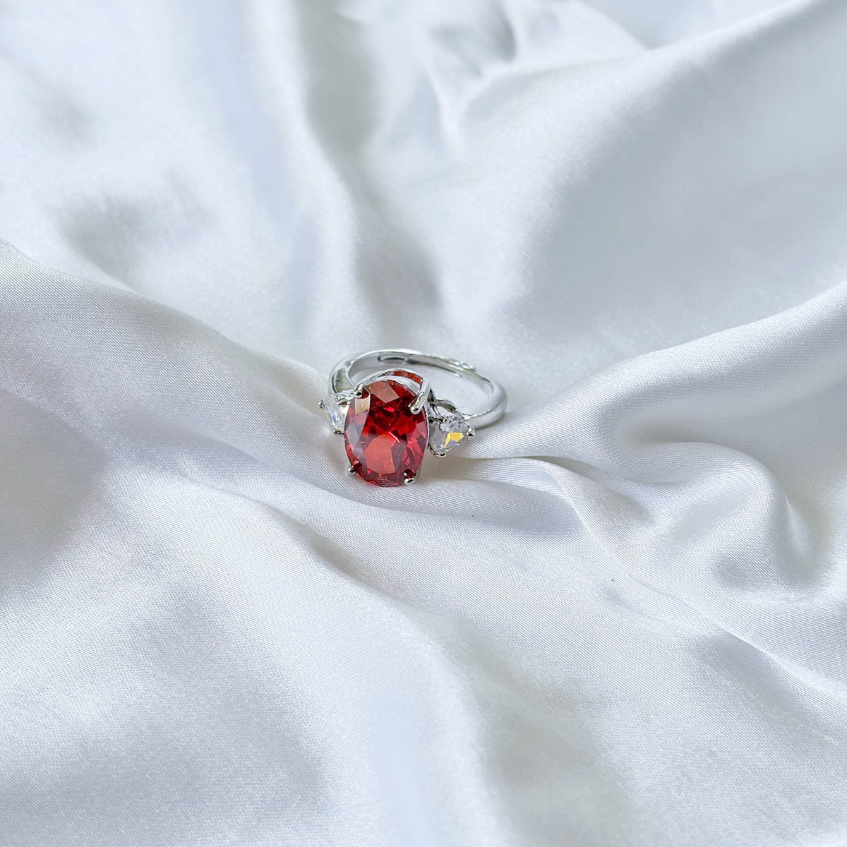 Red Ruby Cubic Zirconia Ice Cut American Diamond Silver Plated Adjustable Ring