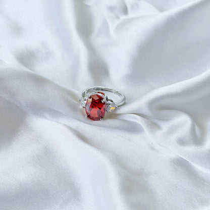 Red Ruby Cubic Zirconia Ice Cut American Diamond Silver Plated Adjustable Ring