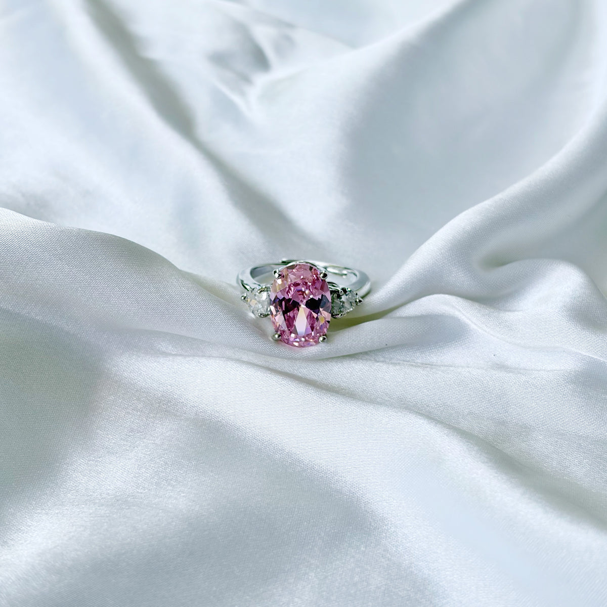 Pink Topaz Cubic Zirconia Ice Cut American Diamond Silver Plated Adjustable Ring