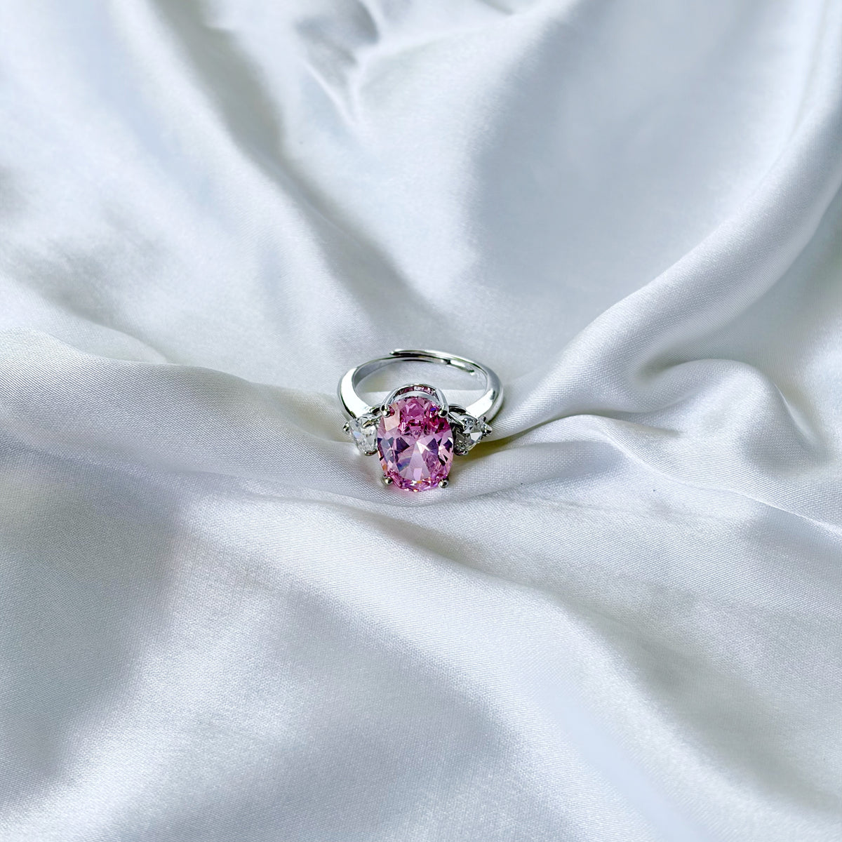 Pink Topaz Cubic Zirconia Ice Cut American Diamond Silver Plated Adjustable Ring