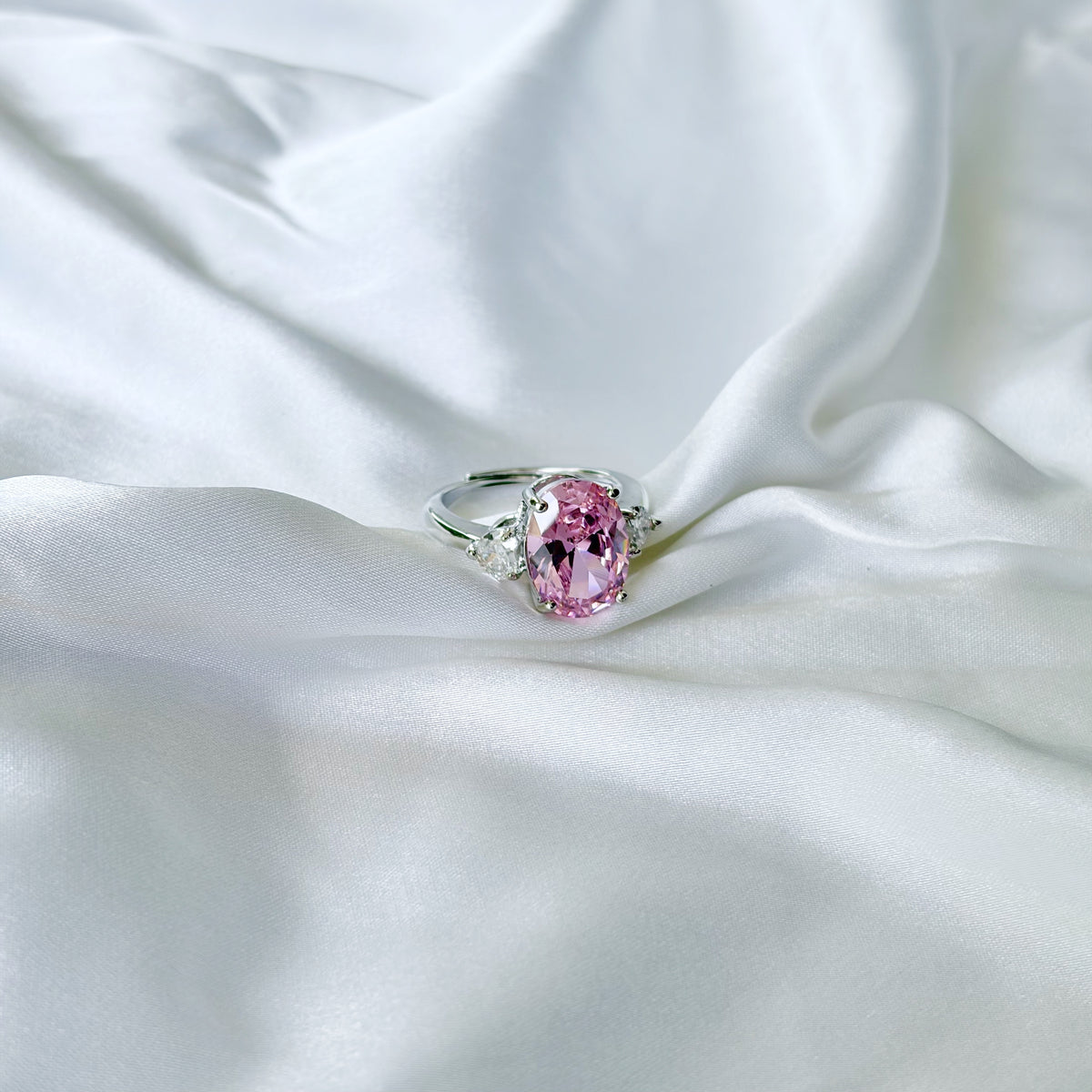Pink Topaz Cubic Zirconia Ice Cut American Diamond Silver Plated Adjustable Ring