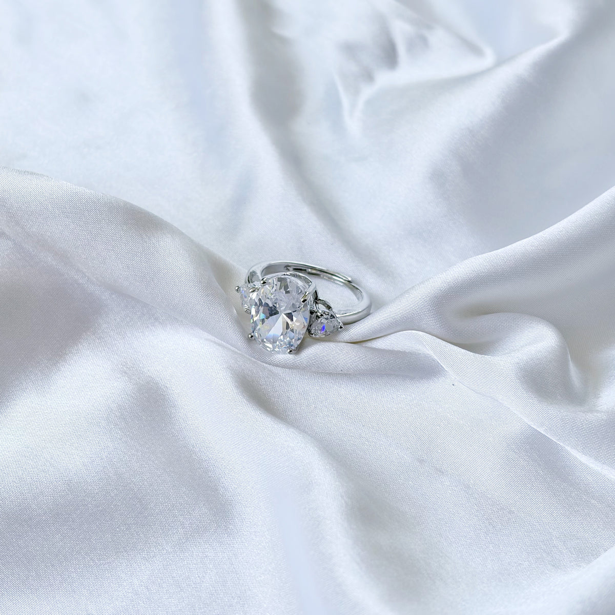 Solitaire Cubic Zirconia Ice Cut American Diamond Silver Plated Adjustable Ring