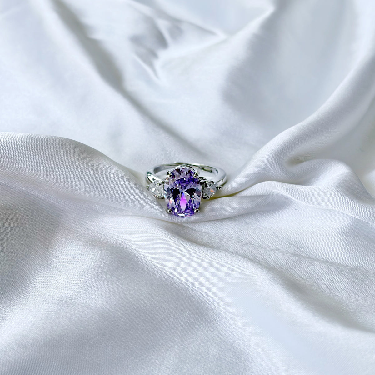 Purple Amethyst Cubic Zirconia Ice Cut American Diamond Silver Plated Adjustable Ring
