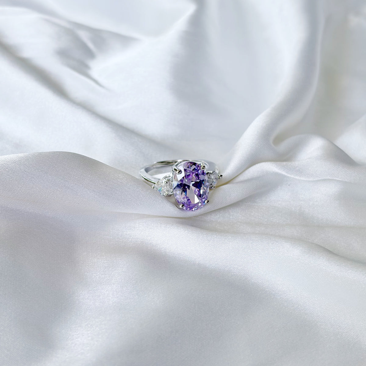 Purple Amethyst Cubic Zirconia Ice Cut American Diamond Silver Plated Adjustable Ring