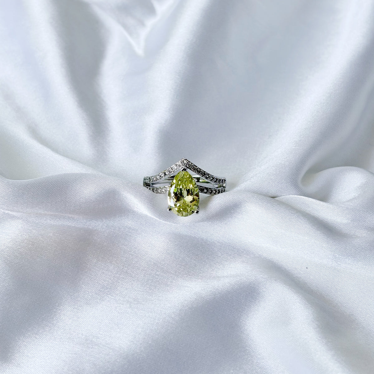 Light Olive Green Cubic Zirconia Ice Cut American Diamond Silver Plated Adjustable Ring