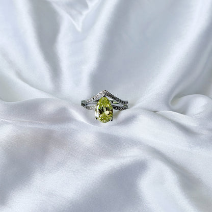 Light Olive Green Cubic Zirconia Ice Cut American Diamond Silver Plated Adjustable Ring