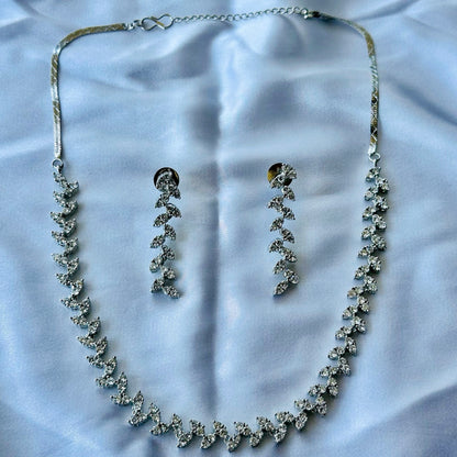 Solitaire Cubic Zircon American Diamond Silver Plated Necklace Set