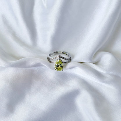 Light Olive Green Cubic Zirconia Ice Cut American Diamond Silver Plated Adjustable Ring