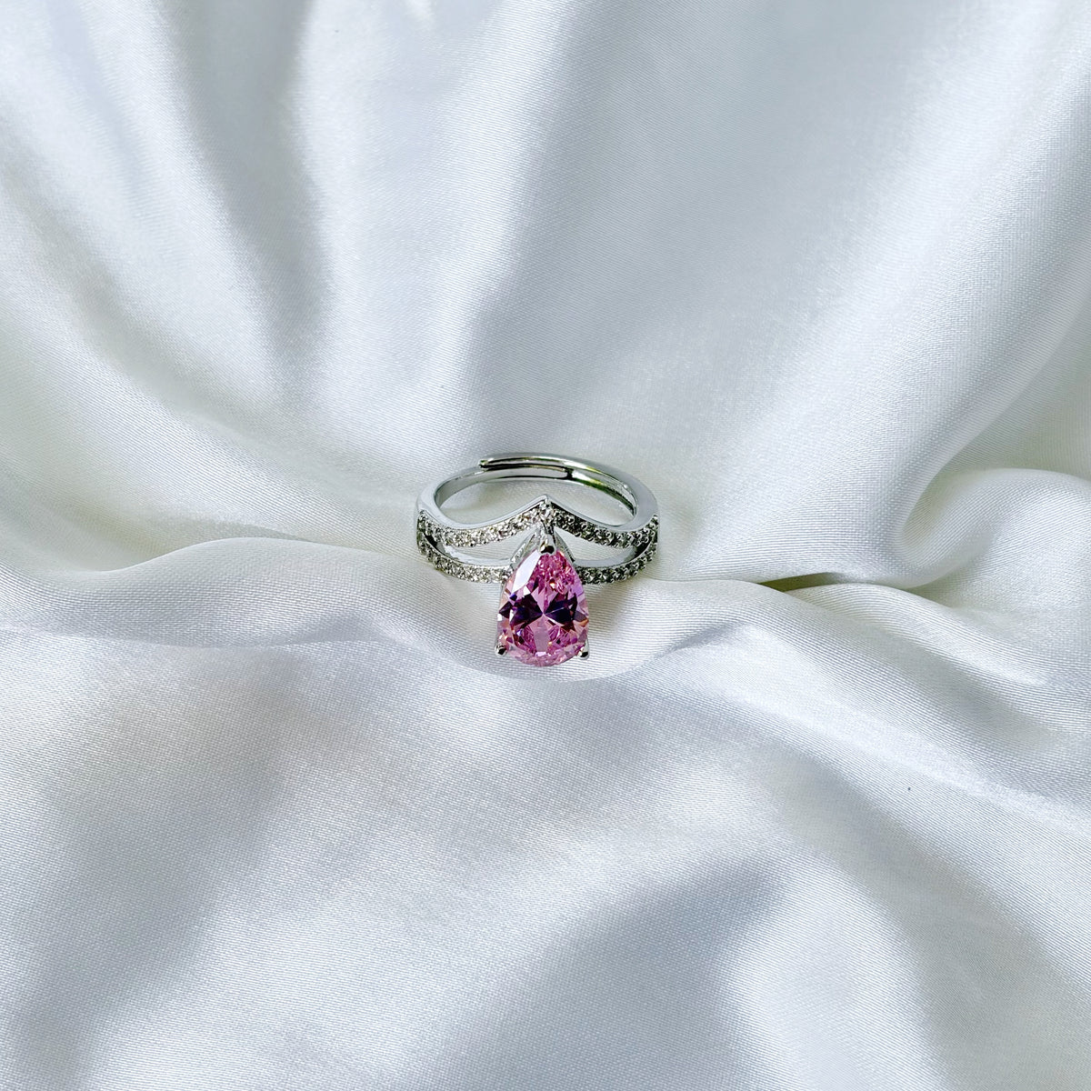 Pink Topaz Cubic Zirconia Ice Cut American Diamond Silver Plated Adjustable Ring